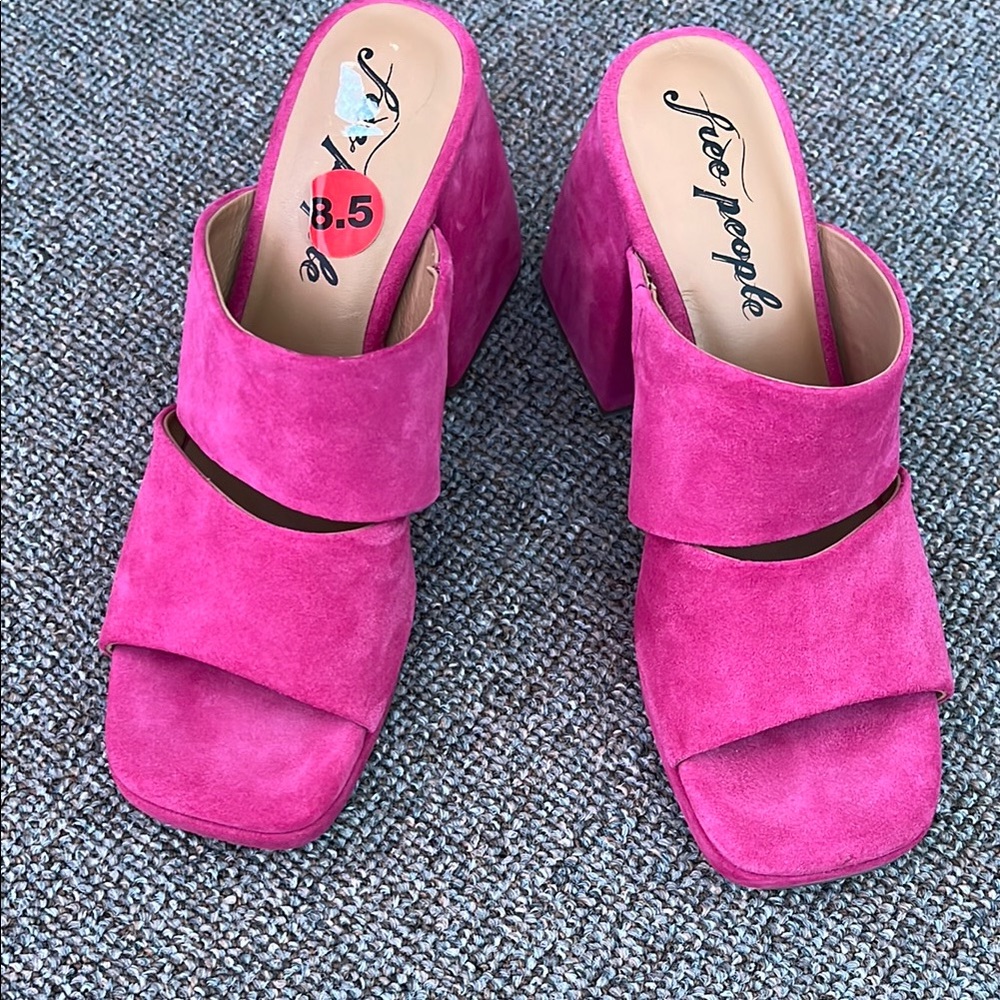 Free People Pink Mules with Suede Straps and Block Heel